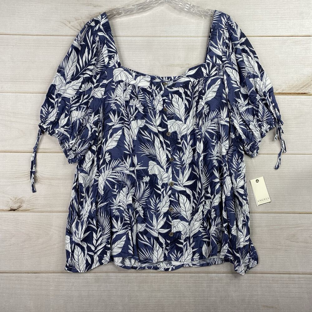 Angels Forever Young Top Womens 3X Blue Floral Boho Flowy Rayon Cruise Hawaiian